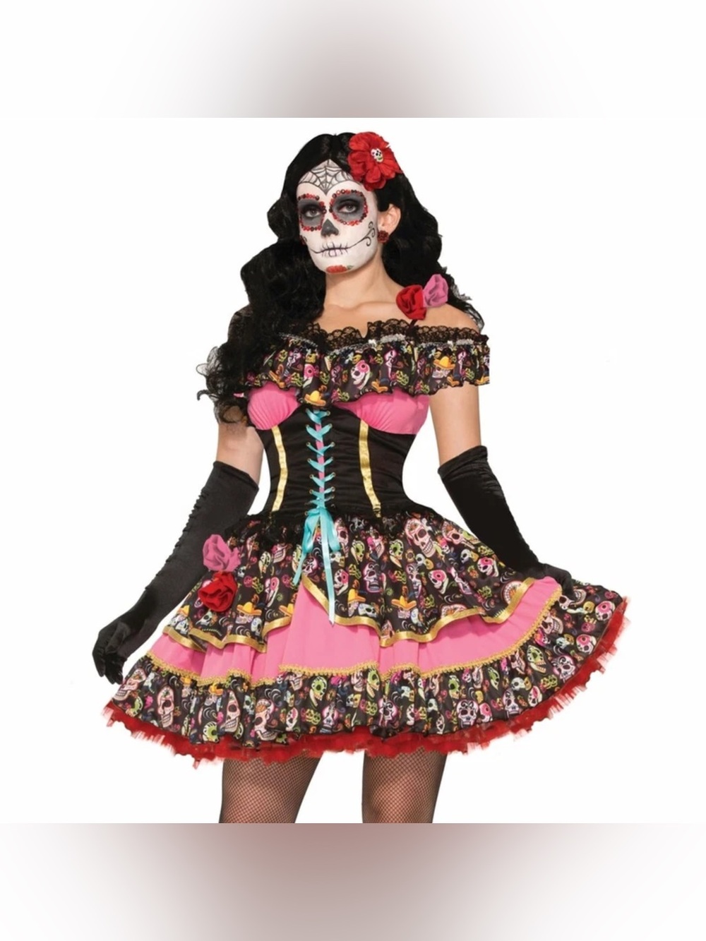 Day of the Dead Sugar Skull Costume Dress Size XS/S Ruffle Flowers Calavera Lace